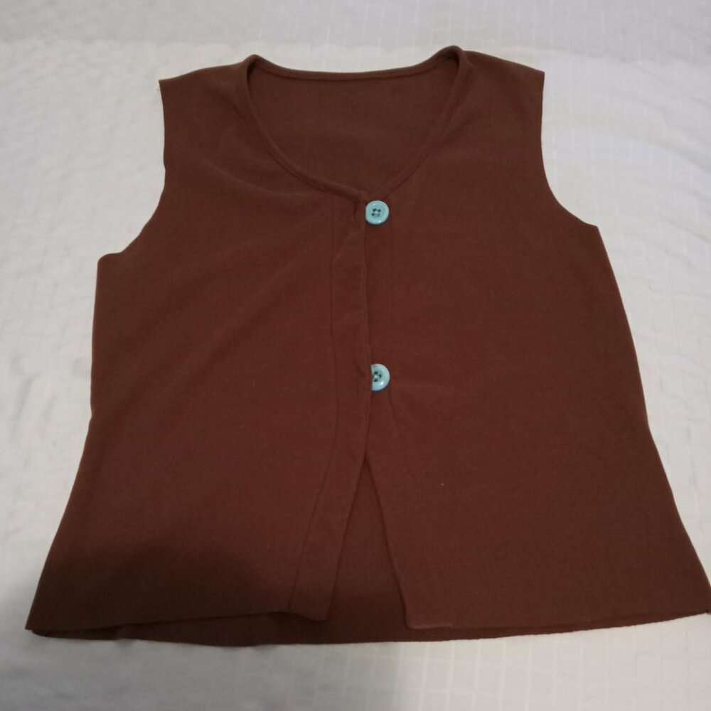 Vintage hippie brown jacket revamped with blue buttons, polyester and elastane